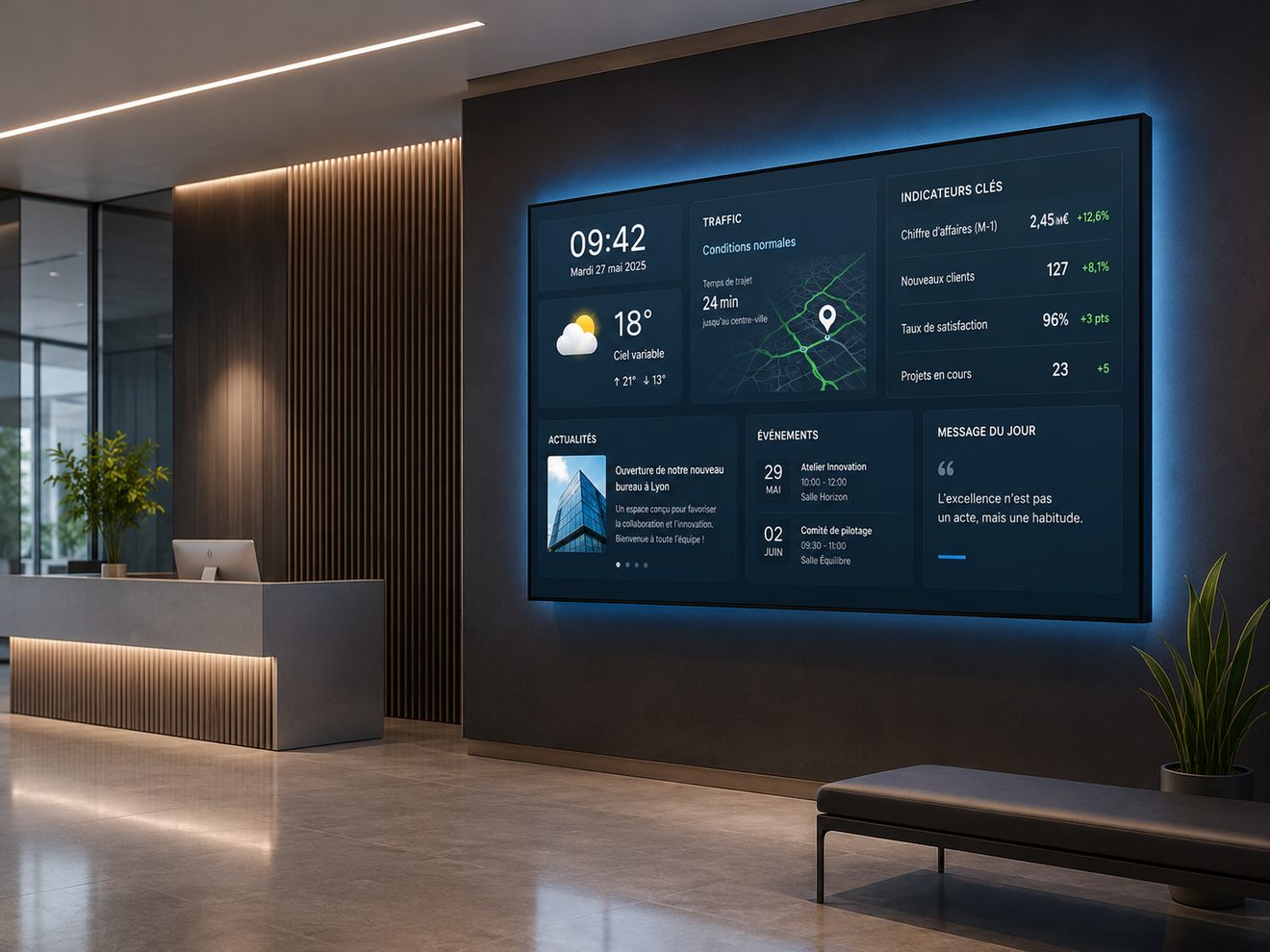 Ecran d'accueil tableau de bord temps reel dans un hall d'entreprise