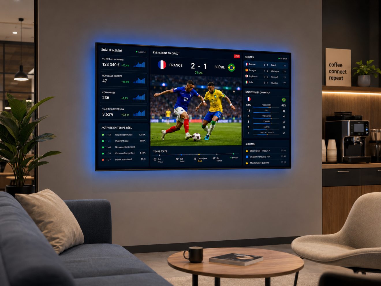 Diffusion d'un evenement sportif en direct dans un espace detente