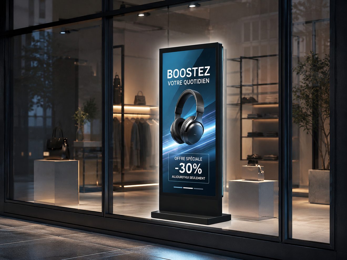 Totem d'affichage dynamique en vitrine de boutique avec promotion